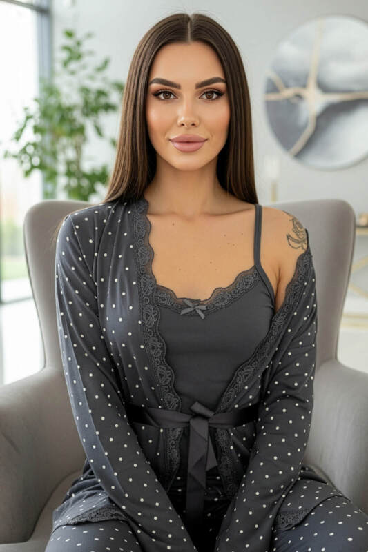 Füme Mini Puan Desenli Bambu Sabahlıklı Kadın Pijama Takımı - Pijamaevi (1)