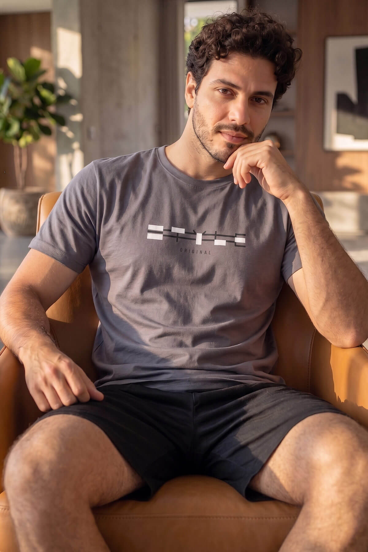 Füme Origi Desenli Kısa Kollu Erkek Pijama Takımı - Pijamaevi