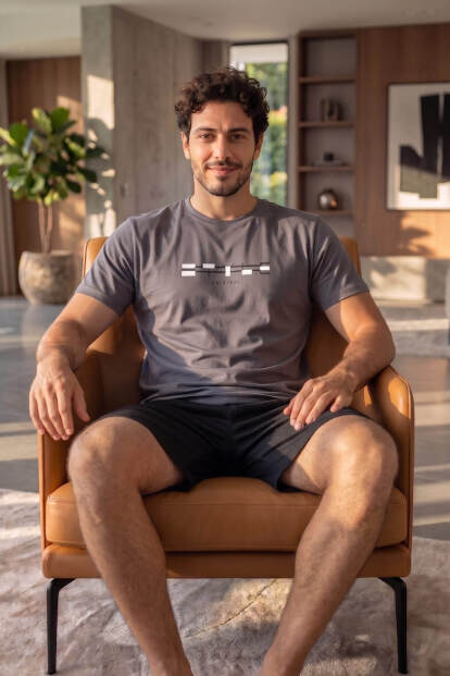 Füme Origi Desenli Kısa Kollu Erkek Pijama Takımı - 5