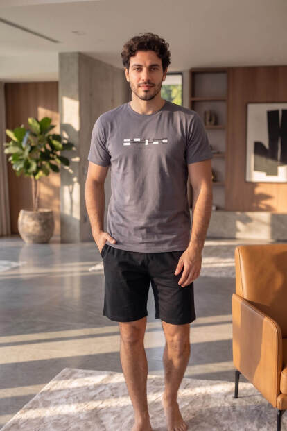 Füme Origi Desenli Kısa Kollu Erkek Pijama Takımı - 6