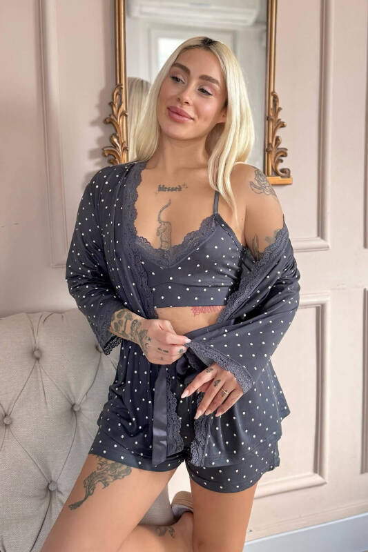 Füme Puan Desenli Bambu Crop Sabahlıklı Şortlu Kadın Pijama Takımı - Pijamaevi