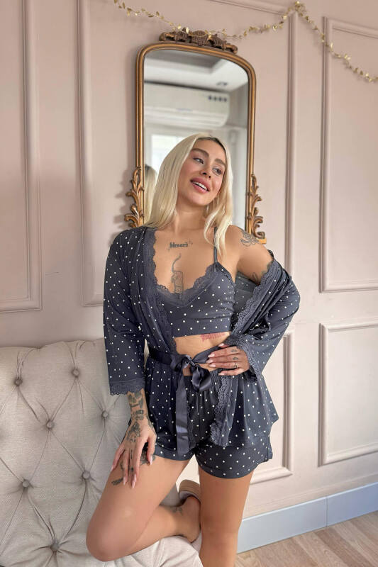 Füme Puan Desenli Bambu Crop Sabahlıklı Şortlu Kadın Pijama Takımı - Pijamaevi (1)