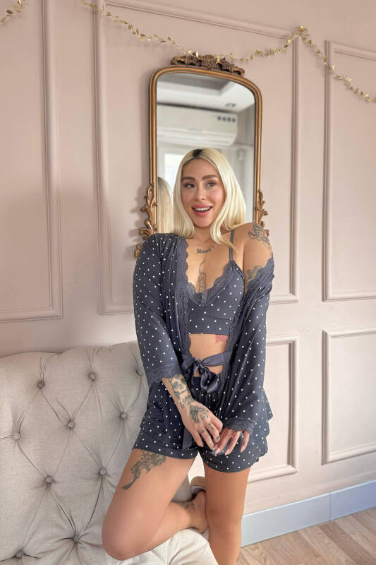 Füme Puan Desenli Bambu Crop Sabahlıklı Şortlu Kadın Pijama Takımı - Pijamaevi (2)