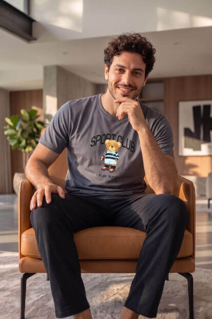 Füme S Club Desenli Kısa Kollu Erkek Pijama Takımı - 4