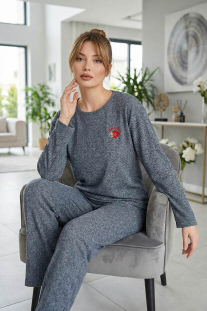 Füme Strawberry Desenli Uzun Kollu Seul Örme Kadın Pijama Takımı - 3