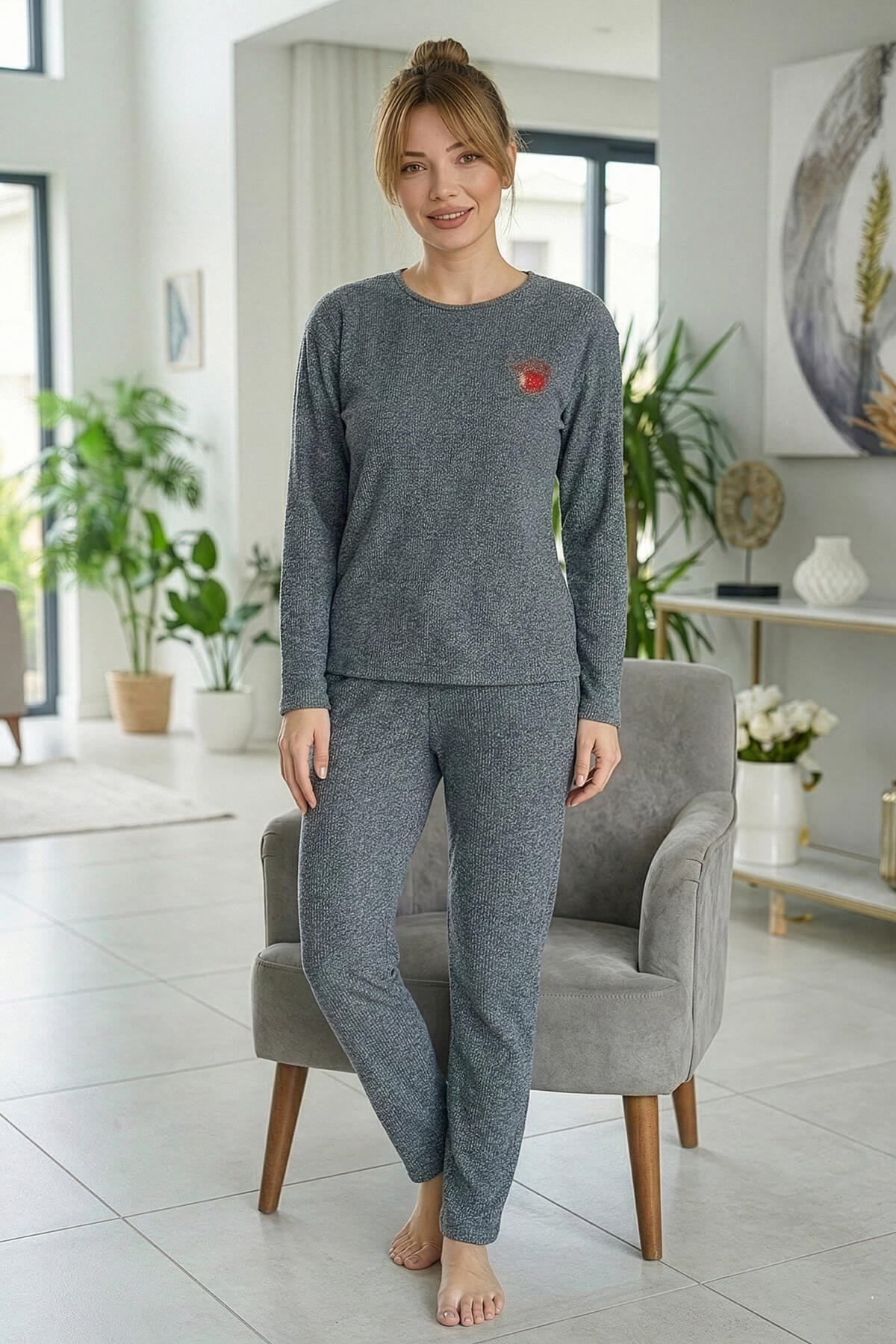 Füme Strawberry Desenli Uzun Kollu Seul Örme Kadın Pijama Takımı - Pijamaevi (3)