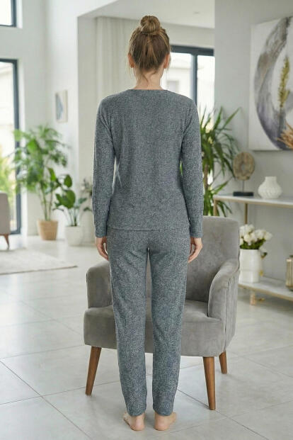 Füme Strawberry Desenli Uzun Kollu Seul Örme Kadın Pijama Takımı - 5