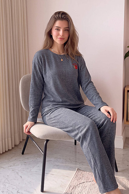 Füme Strawberry Desenli Uzun Kollu Seul Örme Kadın Pijama Takımı - 3