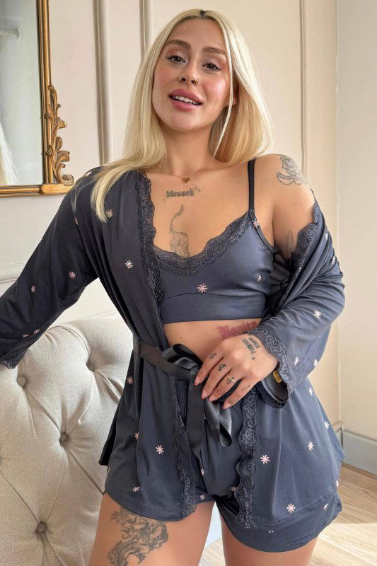 Füme Sunlit Desenli Bambu Crop Sabahlıklı Şortlu Kadın Pijama Takımı - Pijamaevi