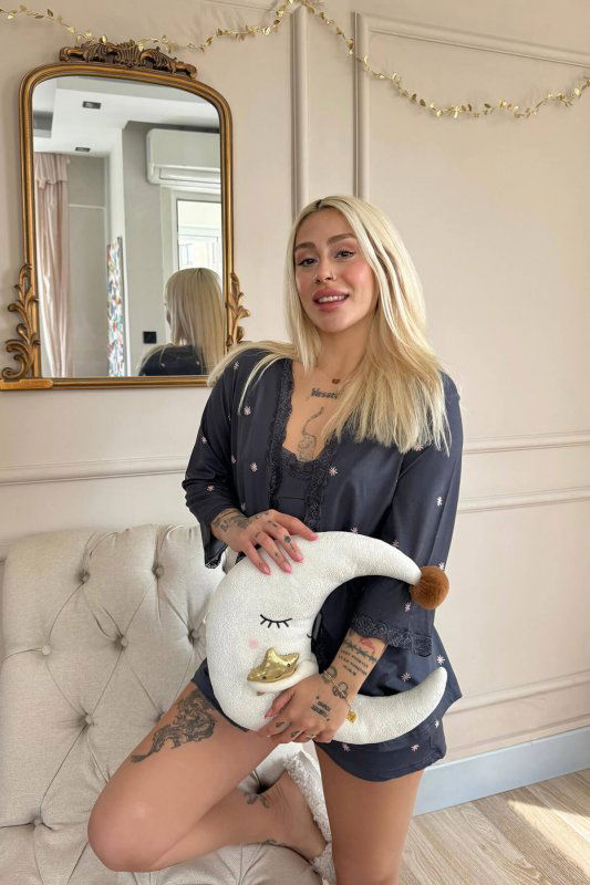 Füme Sunlit Desenli Bambu Crop Sabahlıklı Şortlu Kadın Pijama Takımı - Pijamaevi (1)