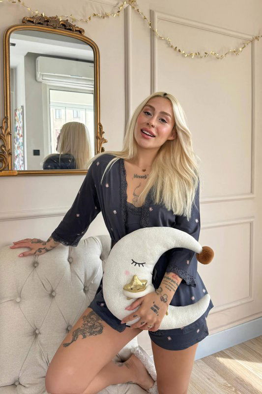 Füme Sunlit Desenli Bambu Crop Sabahlıklı Şortlu Kadın Pijama Takımı - Pijamaevi (2)