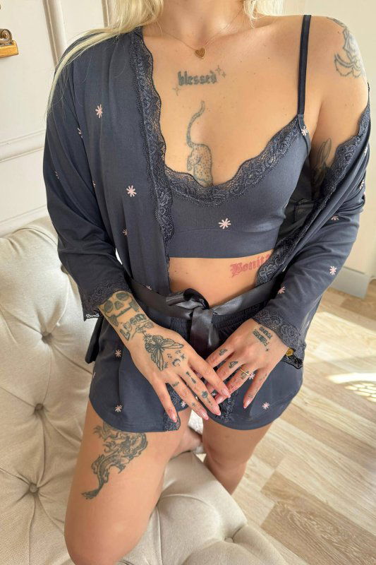 Füme Sunlit Desenli Bambu Crop Sabahlıklı Şortlu Kadın Pijama Takımı - Pijamaevi (3)