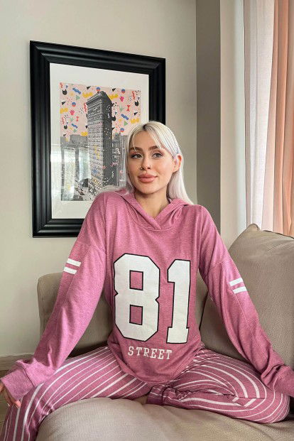 Fuşya 81 Street Desenli Yumoş Örme Pijama Takımı - 3