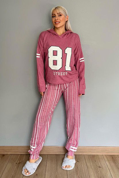 Fuşya 81 Street Desenli Yumoş Örme Pijama Takımı - 4