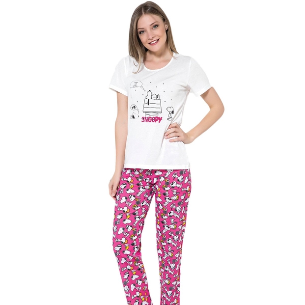 Fuşya Snoopy Desenli Kısa Kollu Pijama Takımı - 1
