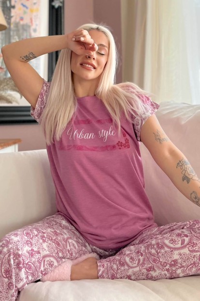 Fuşya Urban Style Baskılı Örme Kısa Kol Kadın Pijama Takımı - 1