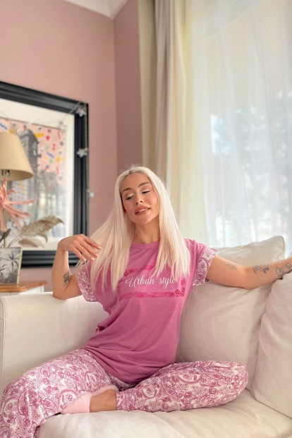 Fuşya Urban Style Baskılı Örme Kısa Kol Kadın Pijama Takımı - 2