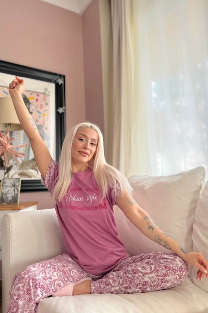 Fuşya Urban Style Baskılı Örme Kısa Kol Kadın Pijama Takımı - 3