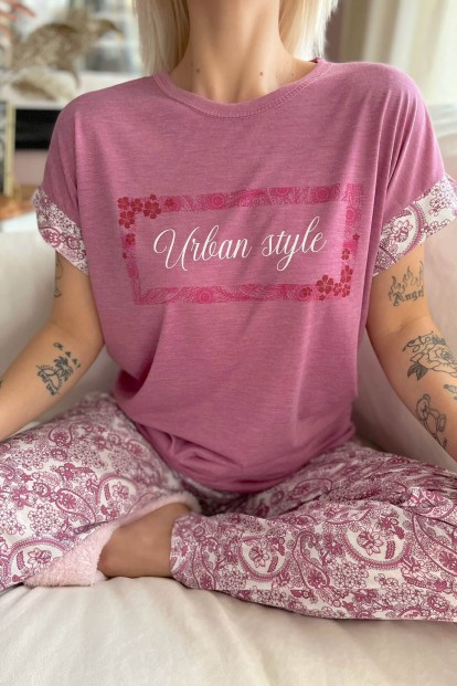 Fuşya Urban Style Baskılı Örme Kısa Kol Kadın Pijama Takımı - 5