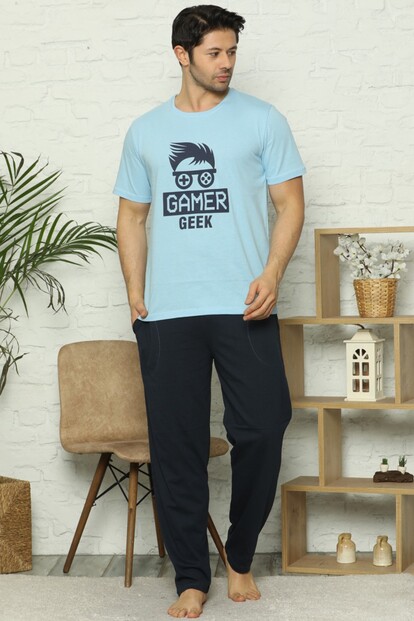 Gamer Geek Baskılı Kısa Kollu Erkek Pijama Takımı - 1