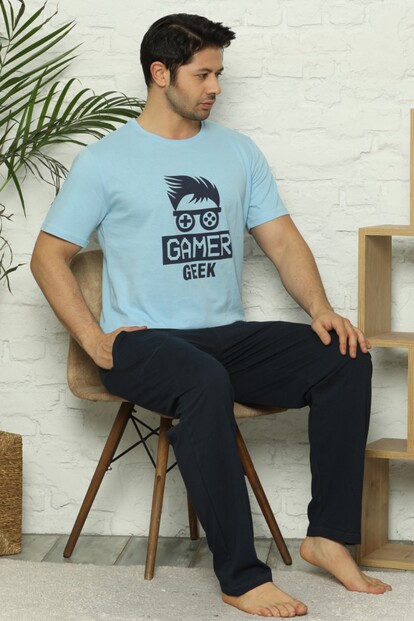 Gamer Geek Baskılı Kısa Kollu Erkek Pijama Takımı - 2