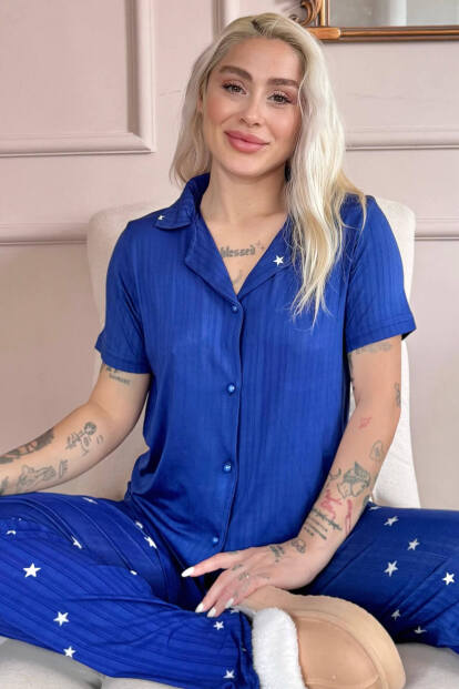 Gece Mavisi Nuit Stellaire Desenli Önden Düğmeli Marlenka Pijama Takımı 
