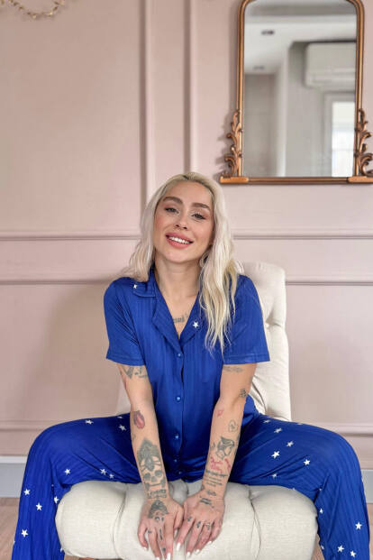 Gece Mavisi Nuit Stellaire Desenli Önden Düğmeli Marlenka Pijama Takımı - 4