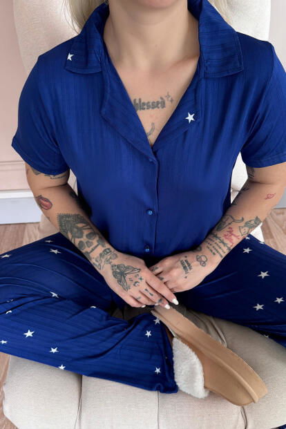 Gece Mavisi Nuit Stellaire Desenli Önden Düğmeli Marlenka Pijama Takımı - 5