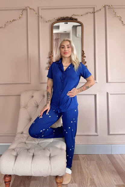 Gece Mavisi Nuit Stellaire Desenli Önden Düğmeli Marlenka Pijama Takımı - 6