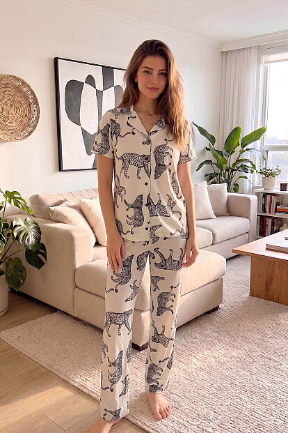 Gepard Desenli Kısa Kol Önden Düğmeli Kadın Pijama Takımı - 6