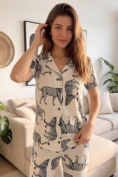 Gepard Desenli Kısa Kol Önden Düğmeli Kadın Pijama Takımı - 7