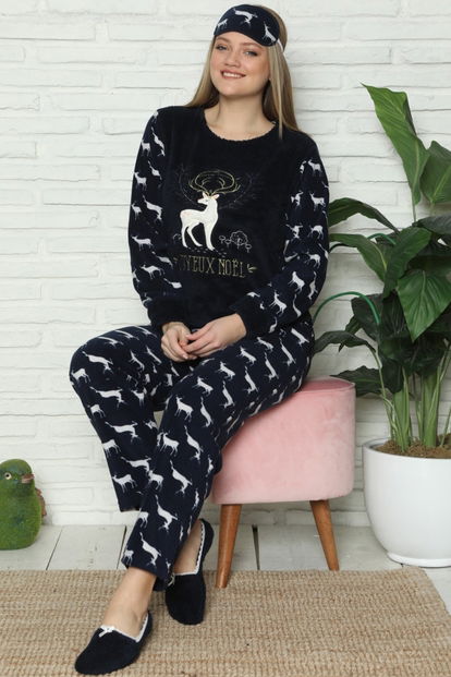 Geyik Desenli Kadın Peluş Pijama Takımı - 1