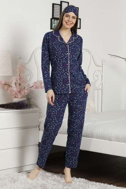 Gökyüzü Desenli Önden Düğmeli Uzun Kollu Pijama Takımı - 1