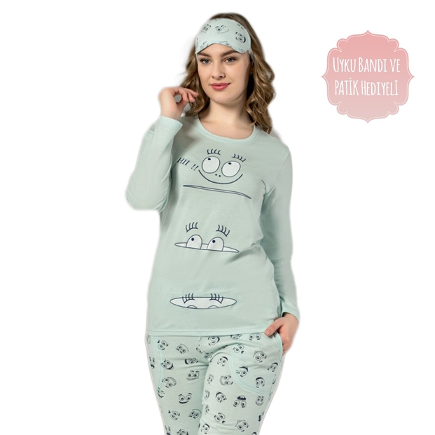 Göz Desenli Uzun Kollu Bayan Pijama Takımı - 2