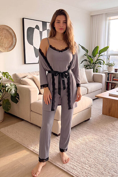 Gray Desenli Sabahlıklı Pegasus Pijama Takımı - 6