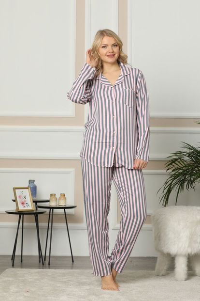 Gray One Exclusive Collection Önden Düğmeli Uzun Kollu İpek Saten Pijama Takımı - 2