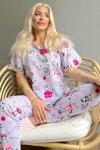 Gray Panda Baskılı Kısa Kollu Kadın Pijama Takımı - 1