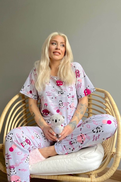 Gray Panda Baskılı Kısa Kollu Kadın Pijama Takımı - 3