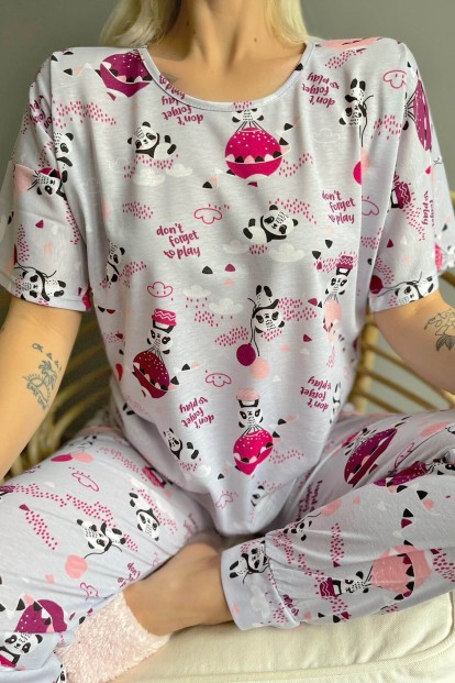 Gray Panda Baskılı Kısa Kollu Kadın Pijama Takımı - 4