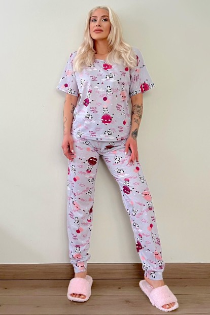 Gray Panda Baskılı Kısa Kollu Kadın Pijama Takımı - 5