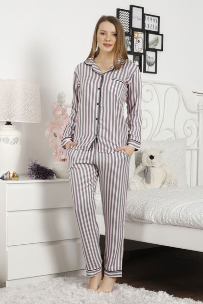 Gray Secret Exclusive Collection Önden Düğmeli Uzun Kollu İpek Saten Pijama Takımı - 2