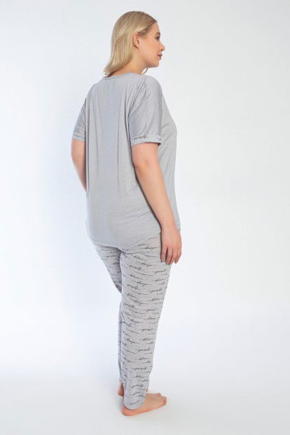 Gri Amazing Baskılı Kısa Kollu Büyük Beden Battal Pijama Takımı - 3