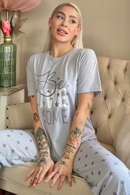 Gri Awesome Baskılı Örme Kısa Kollu Kadın Pijama Takımı - 1