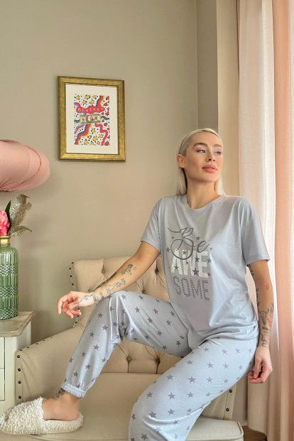 Gri Awesome Baskılı Örme Kısa Kollu Kadın Pijama Takımı - 2