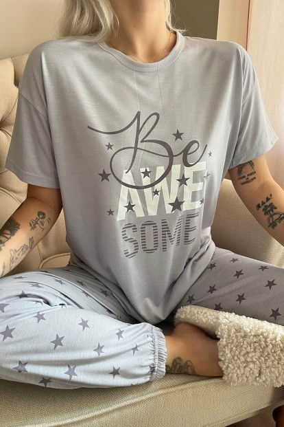Gri Awesome Baskılı Örme Kısa Kollu Kadın Pijama Takımı - 4