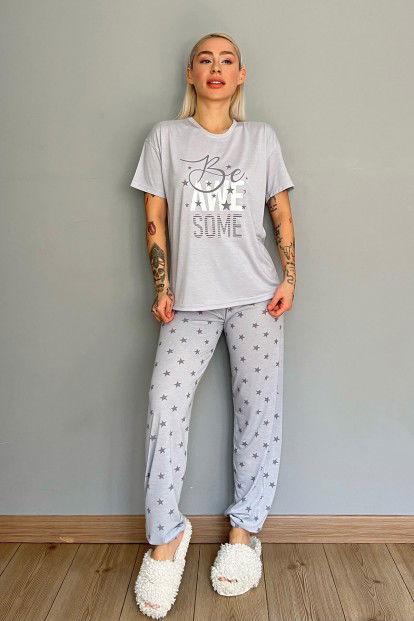 Gri Awesome Baskılı Örme Kısa Kollu Kadın Pijama Takımı - 5