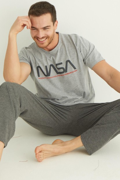 Gri Baskılı Kısa Kollu Alt Uzun Erkek Pijama Takımı - 1