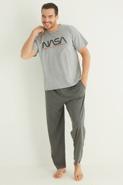 Gri Baskılı Kısa Kollu Alt Uzun Erkek Pijama Takımı - 2