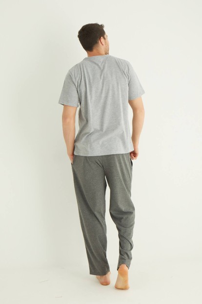 Gri Baskılı Kısa Kollu Alt Uzun Erkek Pijama Takımı - 3