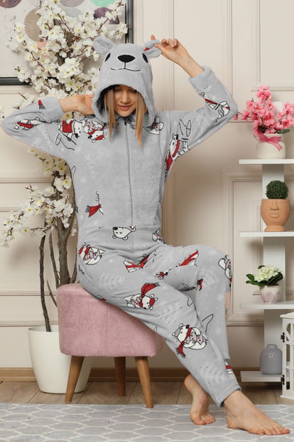 Gri Bear Desenli Kadın Polar Peluş Tulum Pijama Takımı - 2
